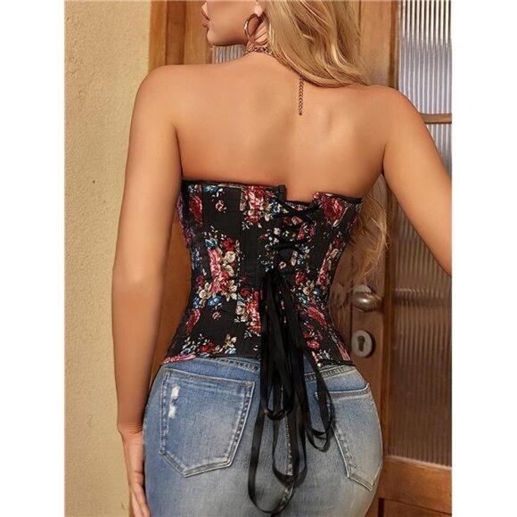 Black Floral Print Denim Corset Bustier Top Sweetheart‎ Strapless Waist Trainer - Picture 3 of 6